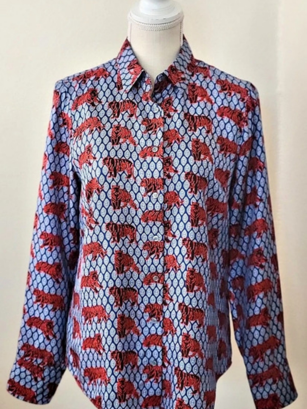 J.Crew Collection Silk Twill Button Up Shirt Size 6 Roaming Tiger Print